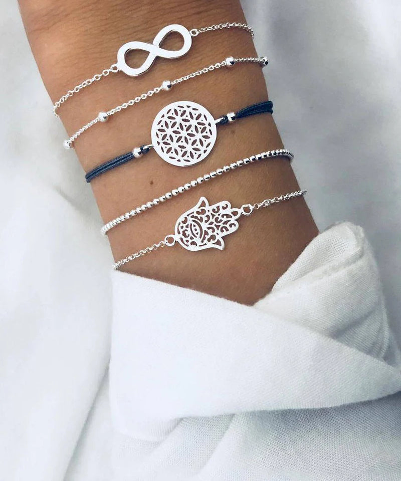 5 Piece Hamsa Infinity Bracelet Set 18K White Gold Plated Bracelet ITALY Design